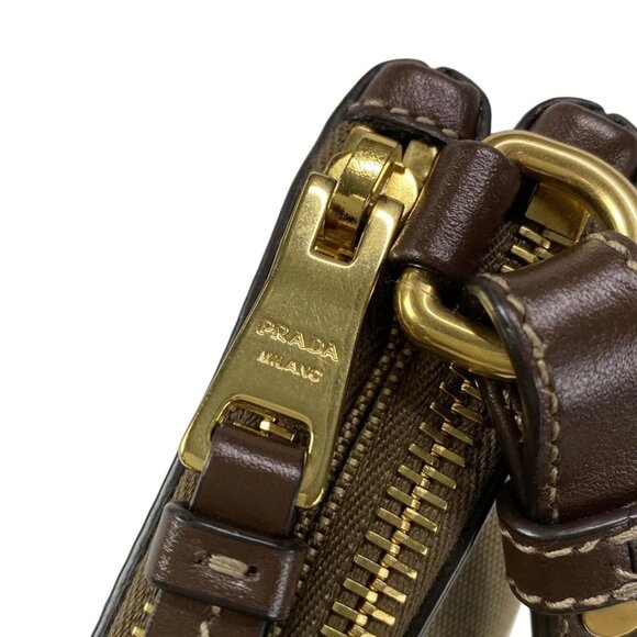 PRADA Logo Jacquard - Khaki Dark Brown Jacquard Leather Shoulder Bag 684-081625 - Picture 12 of 14